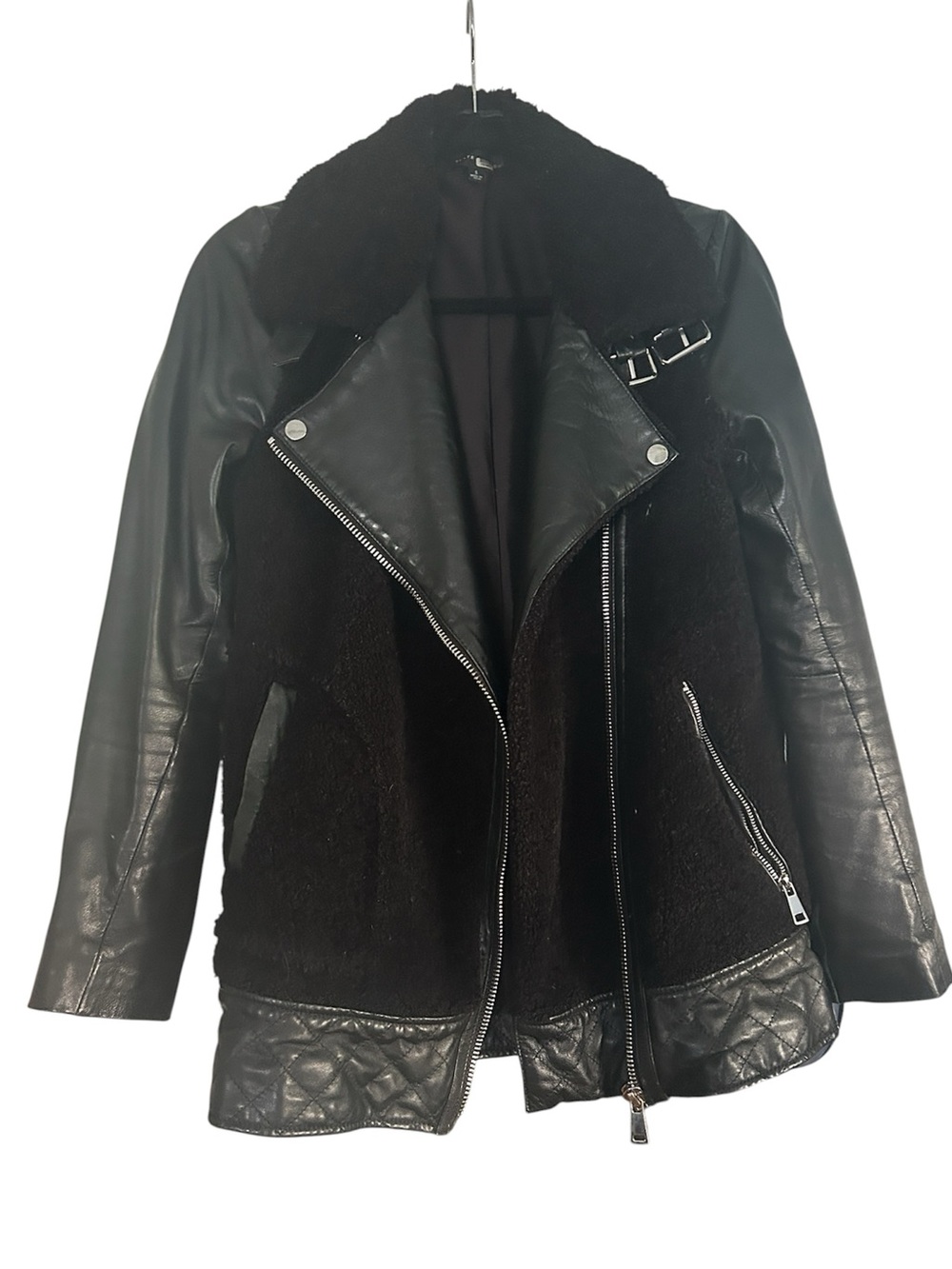 Slate & Willow Black Faux Sherpa Aviator Leather Moto Jacket